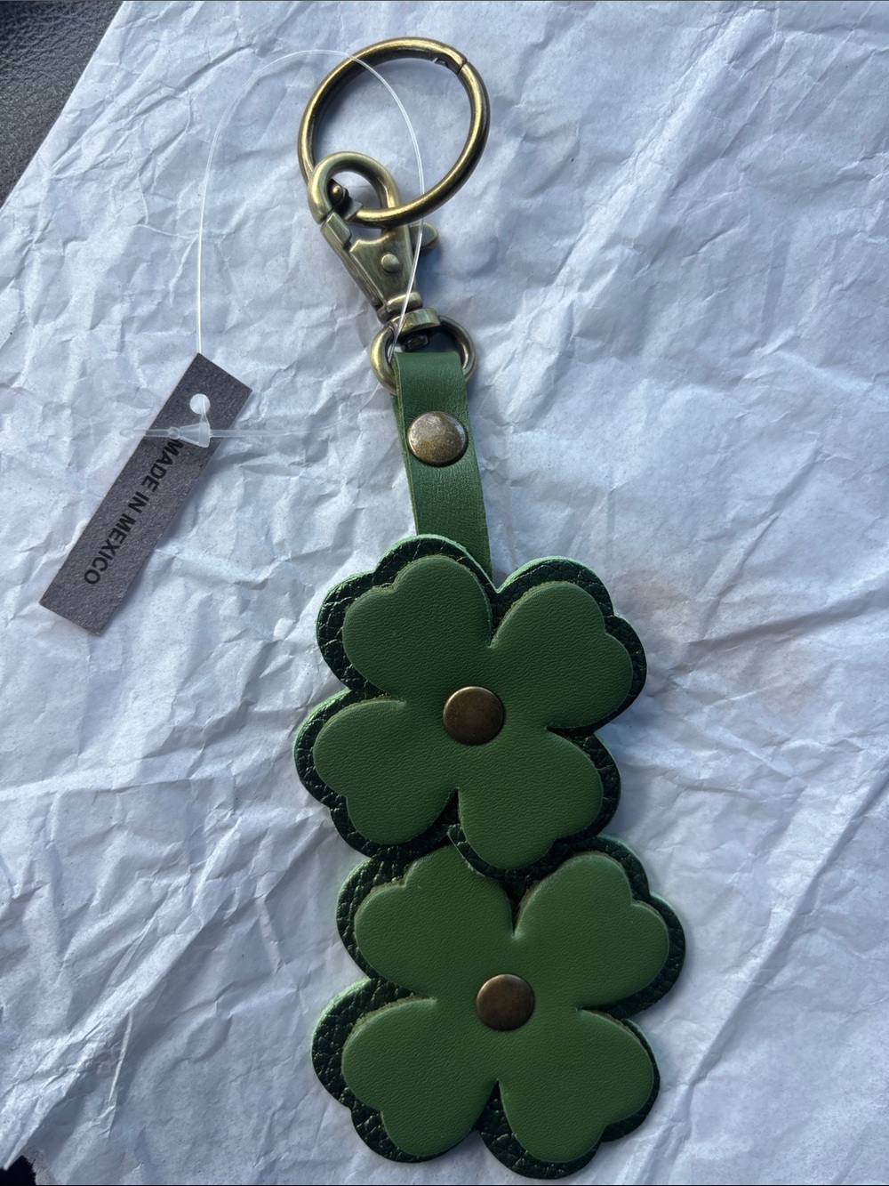 Portland leather Green Leather Double shamrock Keychain